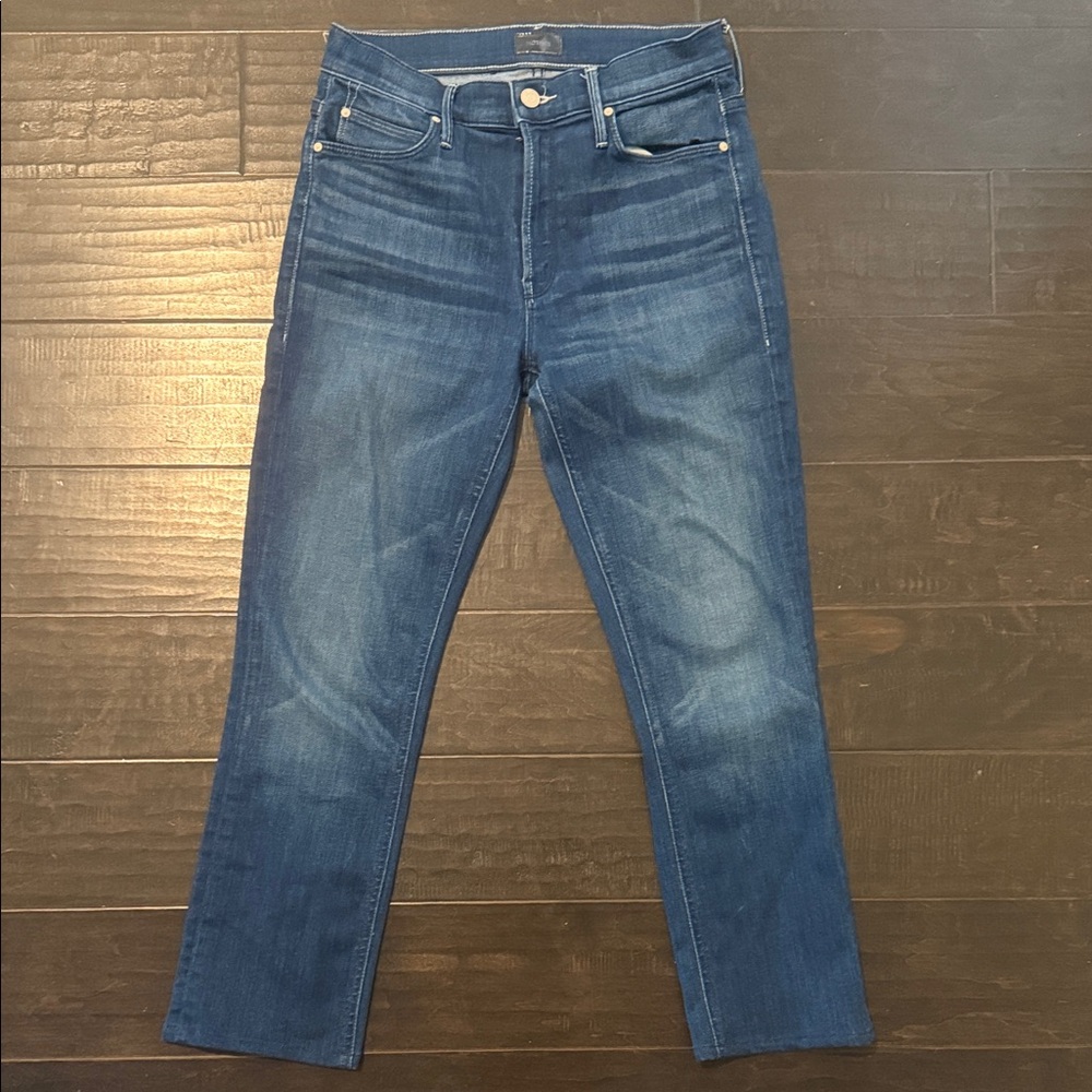 MOTHER The Mid Rise Dazzler Crop Fray Squeeze It Straight Blue Jeans Size 27